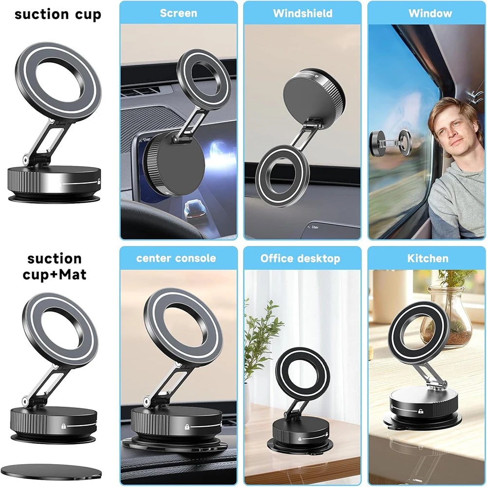 Magnetic Phone Holder with Vacuum Suction, Adjustable 360° Design, Compact and Foldable for Easy Portability