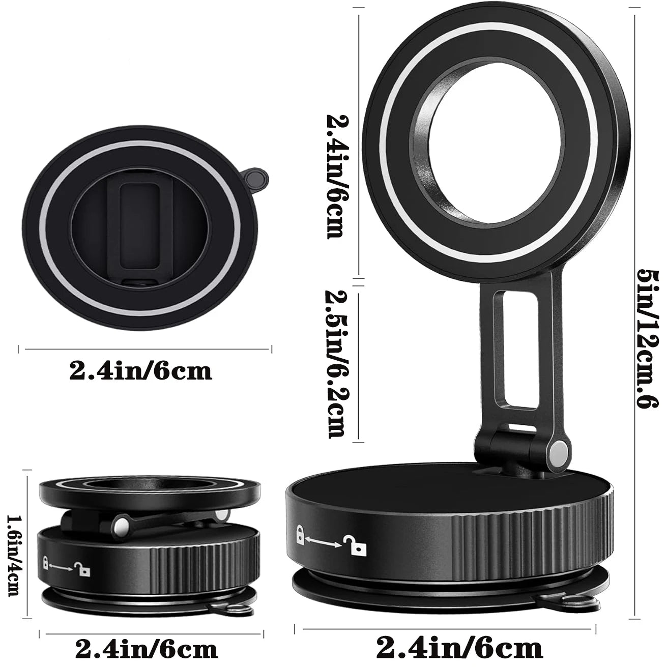 Magnetic Phone Holder with Vacuum Suction, Adjustable 360° Design, Compact and Foldable for Easy Portability