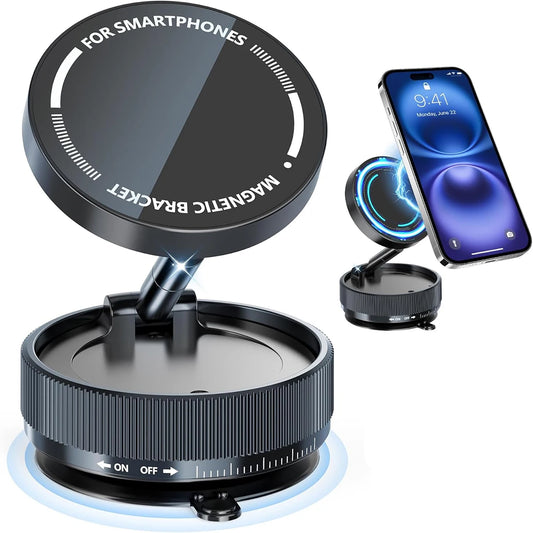 Magnetic Phone Holder with Vacuum Suction, Adjustable 360° Design, Compact and Foldable for Easy Portability