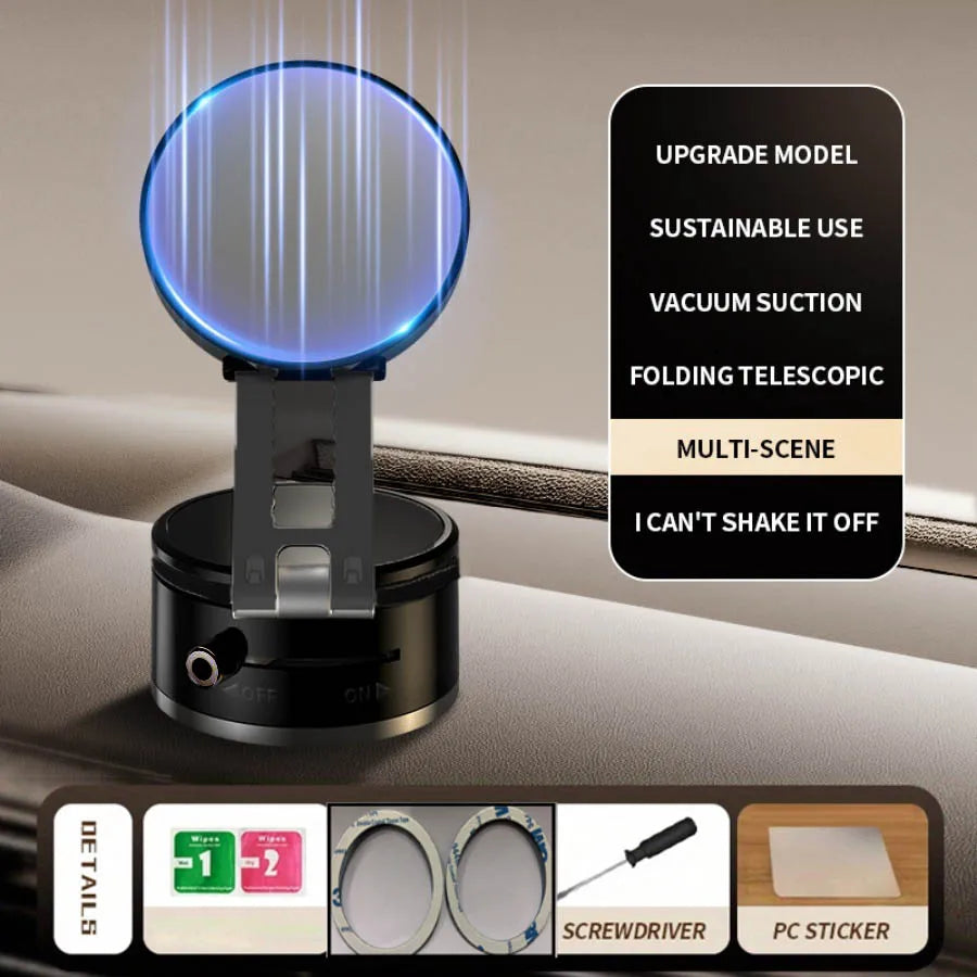 Magnetic Phone Holder with Vacuum Suction, Adjustable 360° Design, Compact and Foldable for Easy Portability