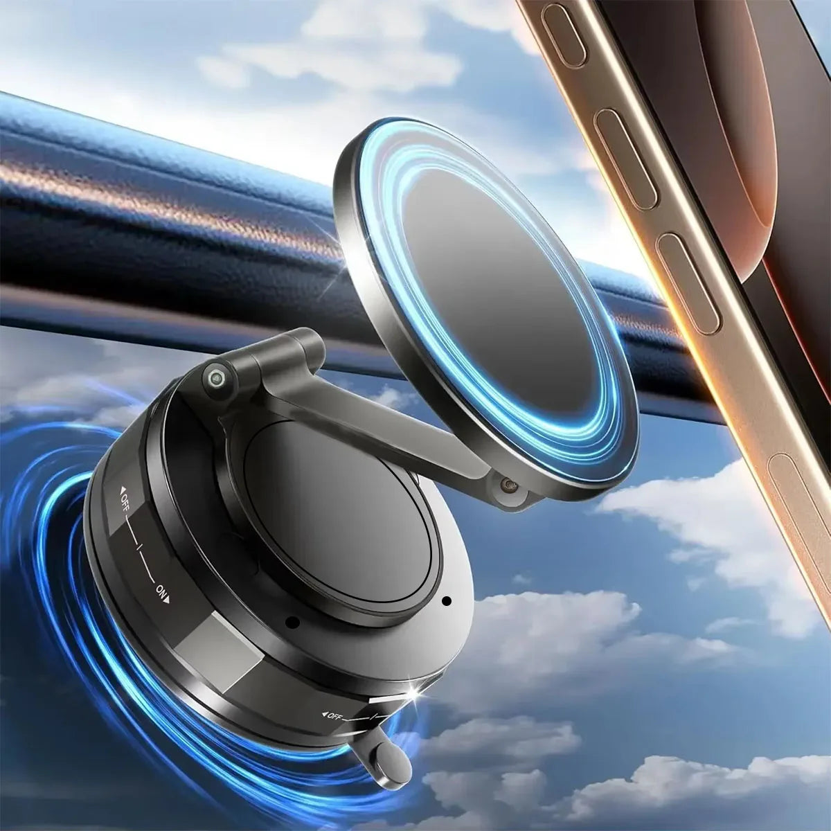Magnetic Phone Holder with Vacuum Suction, Adjustable 360° Design, Compact and Foldable for Easy Portability