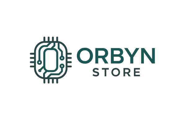 Design a modern, minimalist logo with a bold letter ‘O’ shaped like a microchip representing innovation and technology, followed by the brand name in a clean, futuristic sans-serif font: ‘ORBYN’ in teal (#11785A) and ‘STORE’ in black, with subtle dark gray accents on a white background. The logo should feel professional, premium, and tech-oriented
