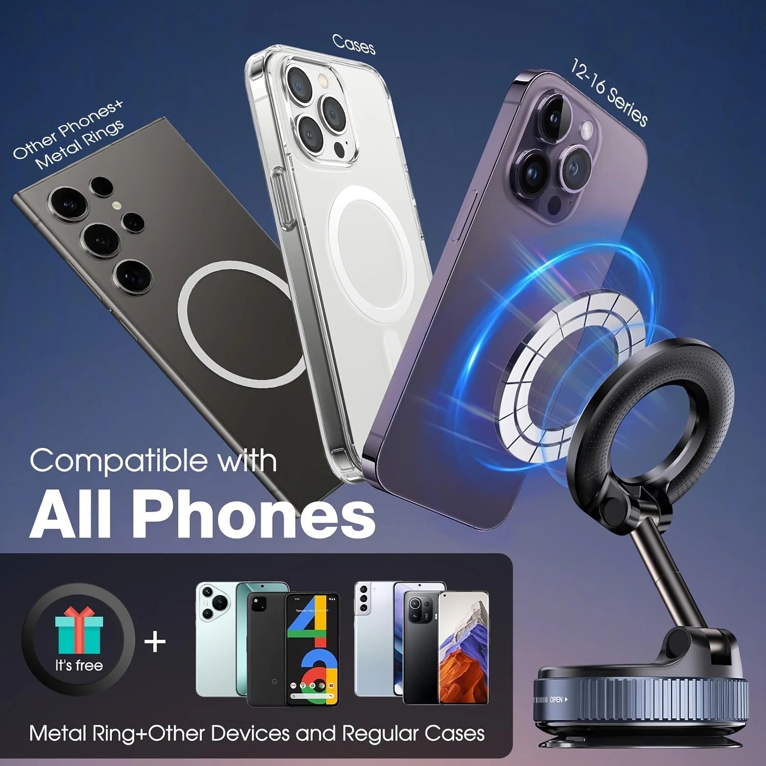 Magnetic Phone Holder with Vacuum Suction, Adjustable 360° Design, Compact and Foldable for Easy Portability